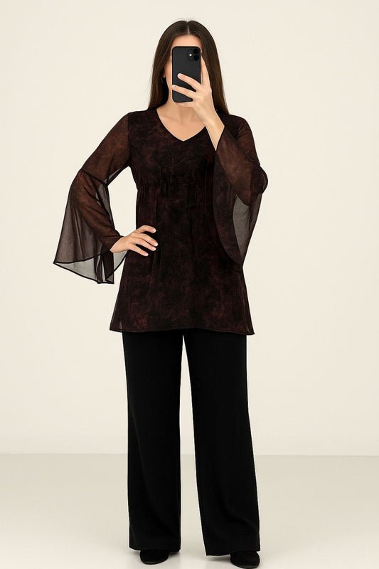 Co-Ord Set Bell Sleeves Floral Dark Brown