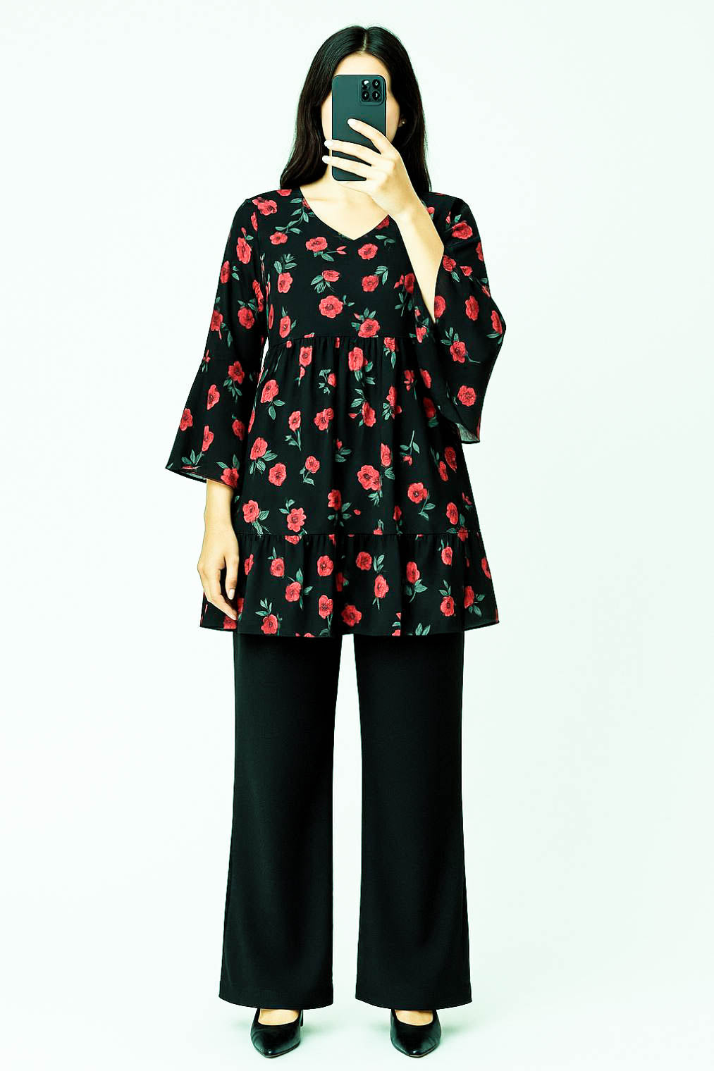 Co-Ord Set Bell Sleeves Floral Red
