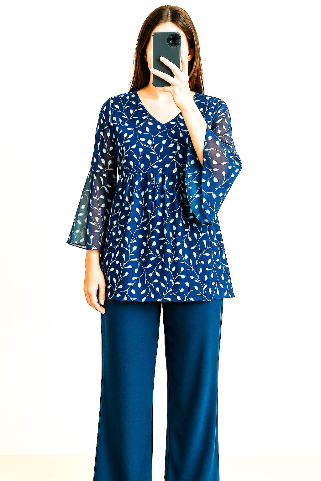 Co-Ord Set Bell Sleeves Floral Navy