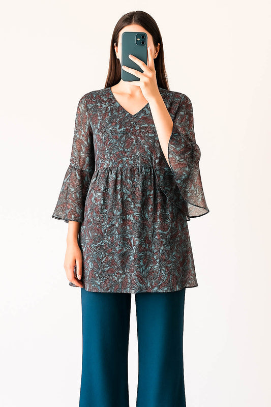 Co-Ord Set Bell Sleeves Floral Blue Ice