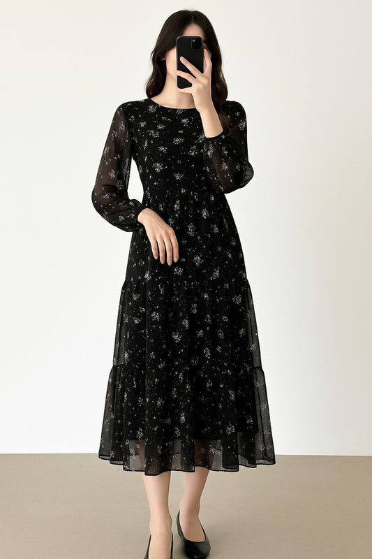 Maxi Regular Midi Dress-Black Printed