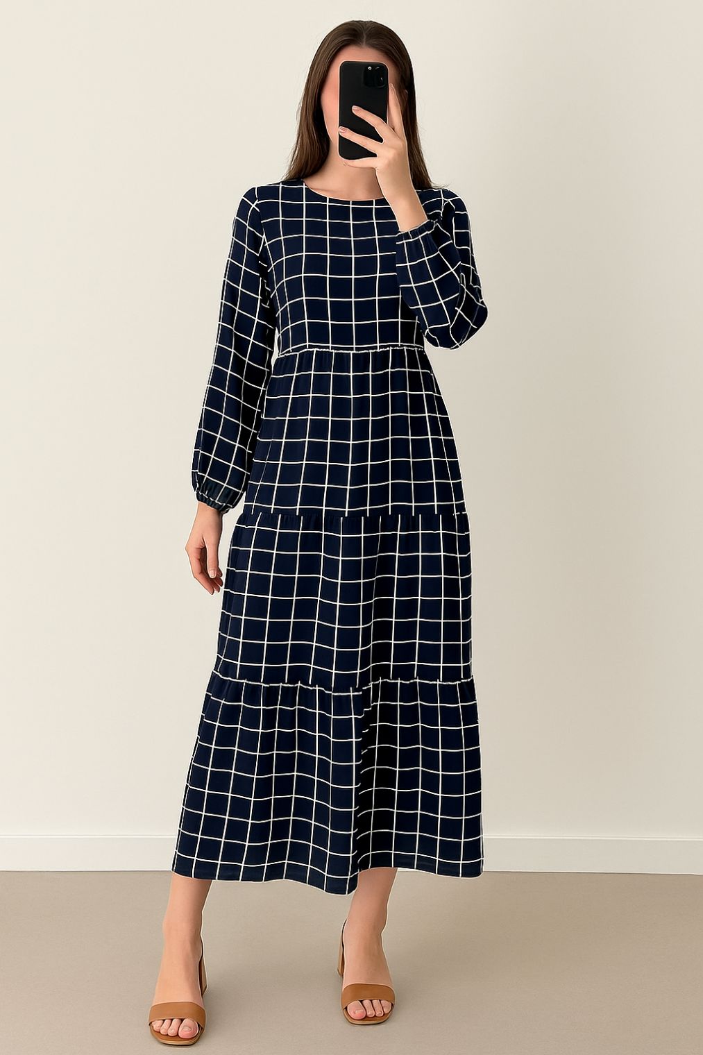 Maxi Regular Midi Dress-Navy Blue Check