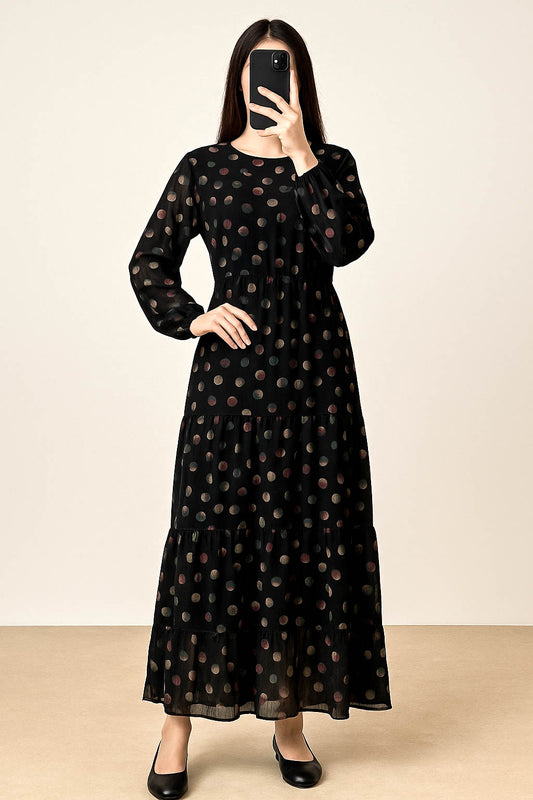 Maxi Regular Midi Dress-Multi Color Circles