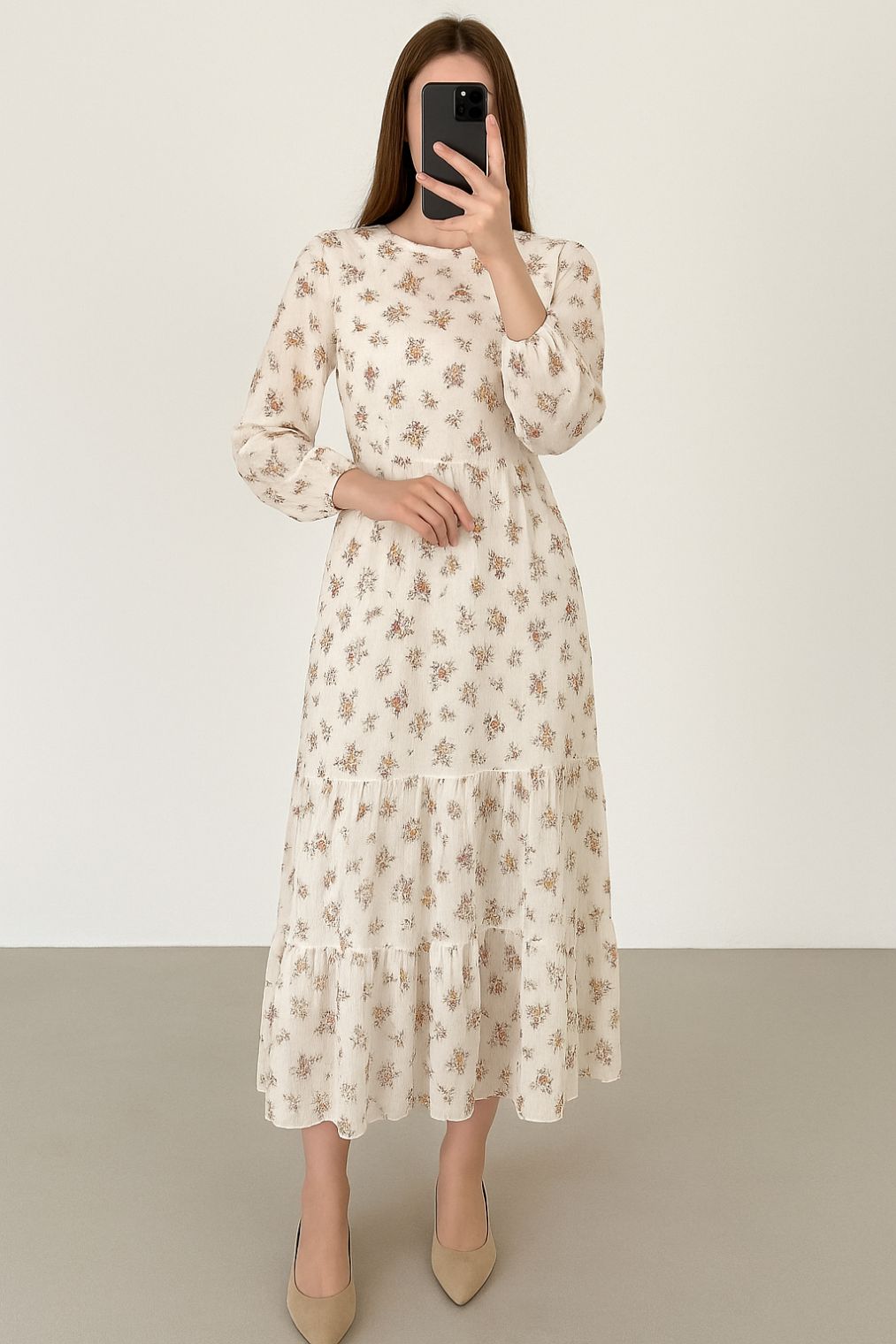 Maxi Regular Midi Dress-Off White Floral