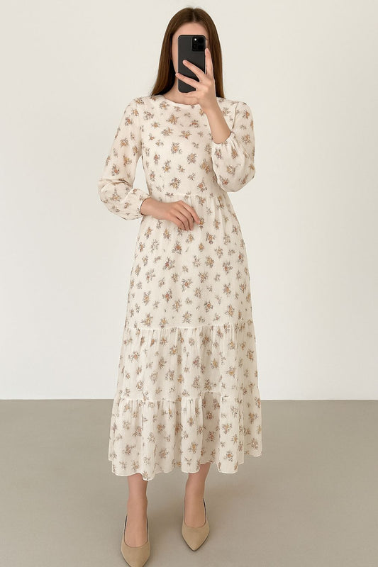 Maxi Regular Midi Dress-Off White Floral
