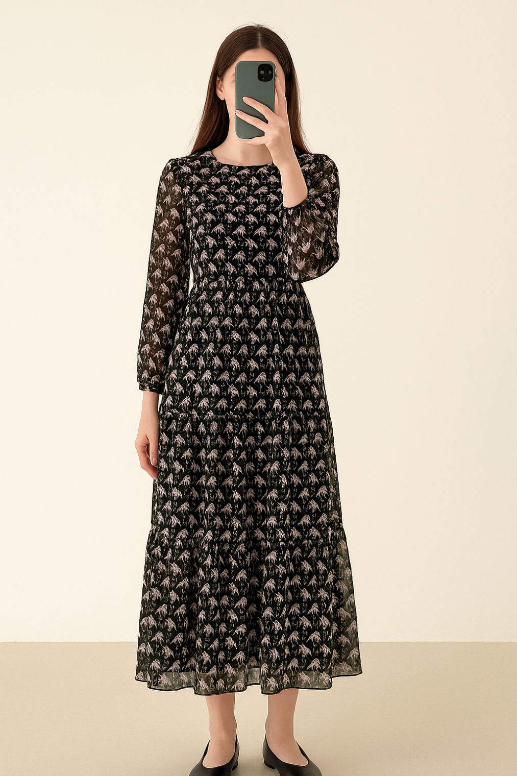 Maxi Regular Midi Dress-Black Floral
