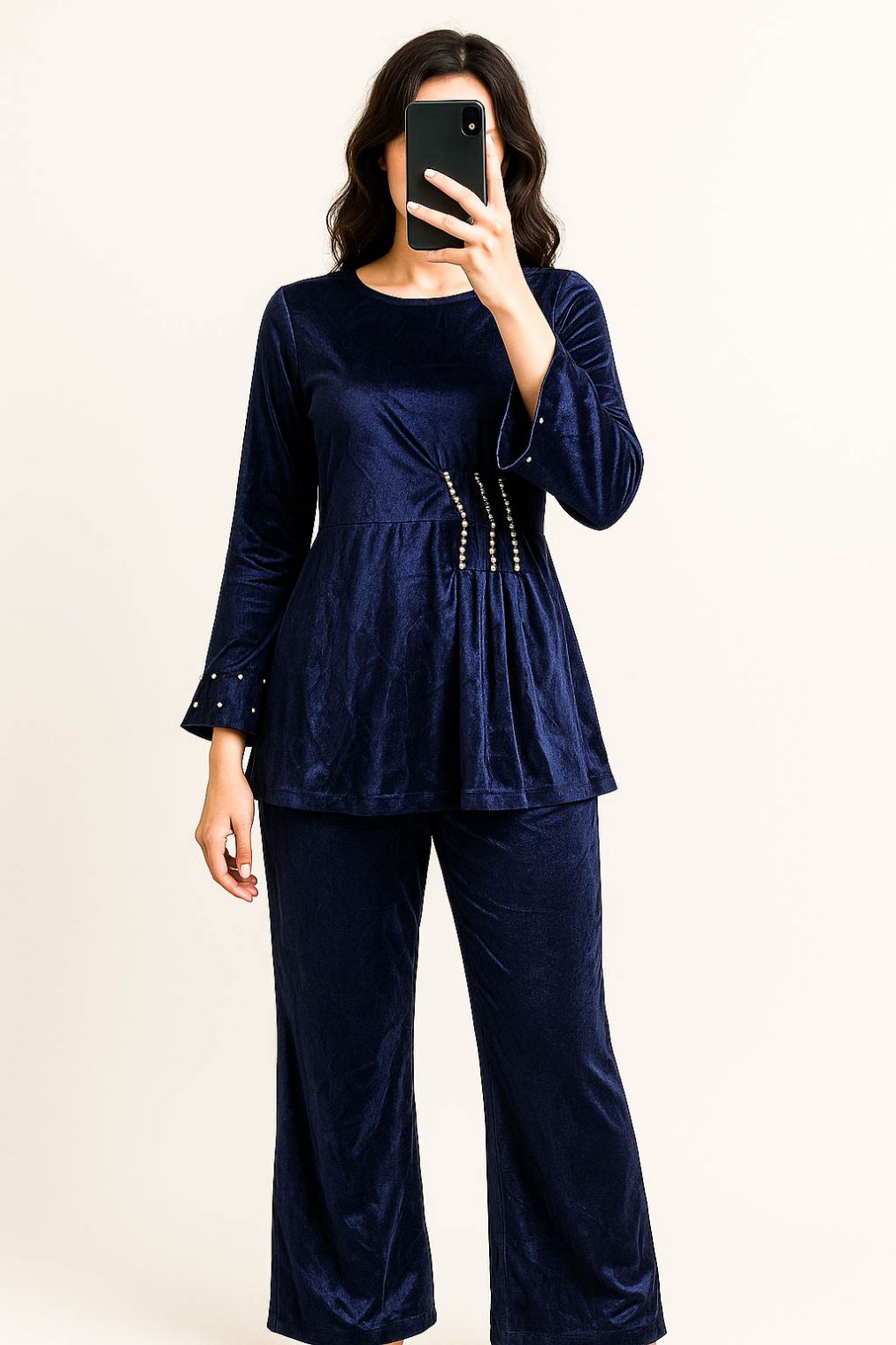 Co-Ord Set Velvet Round Neck-Navy Blue