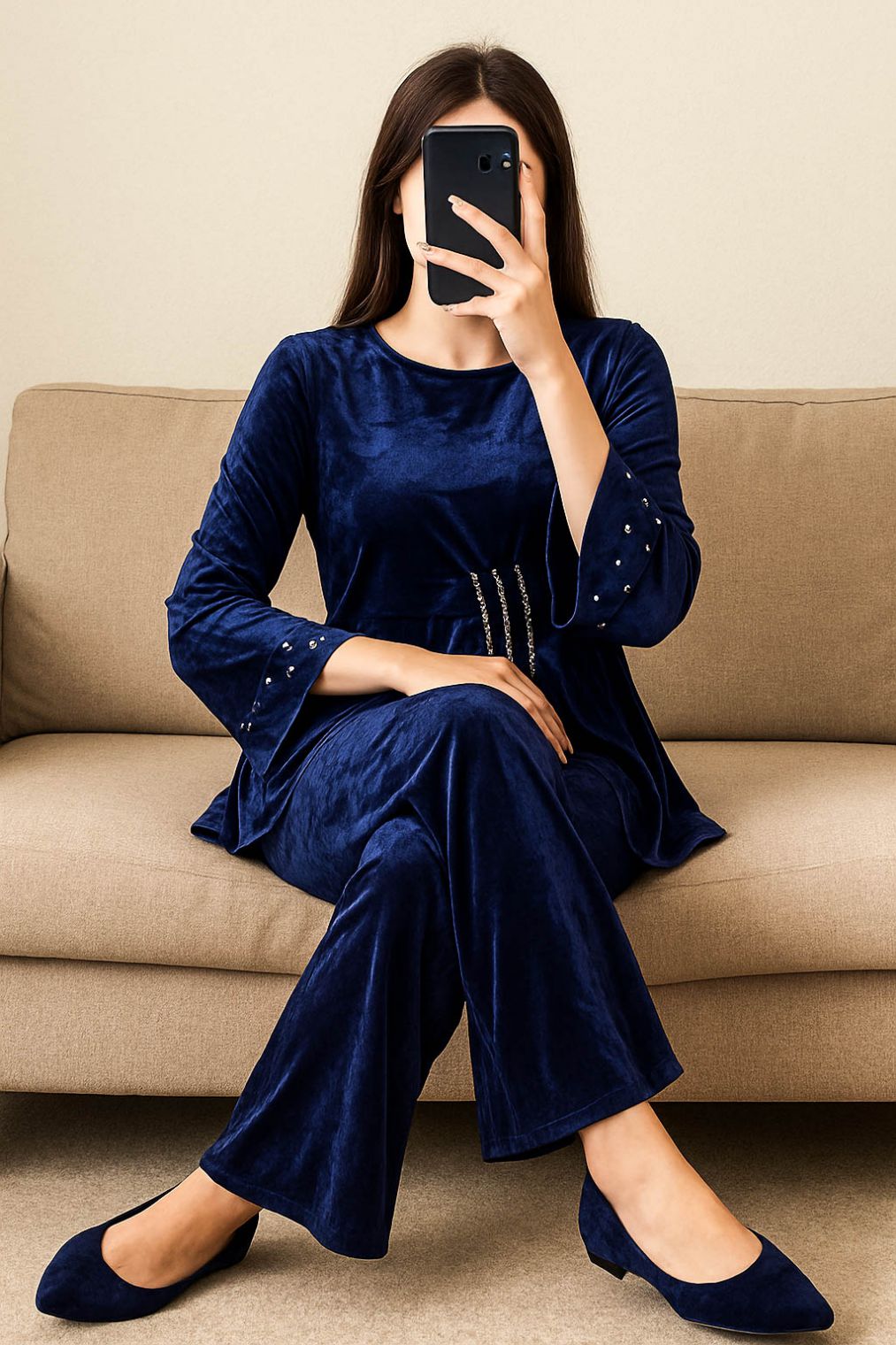 Co-Ord Set Velvet Round Neck-Navy Blue