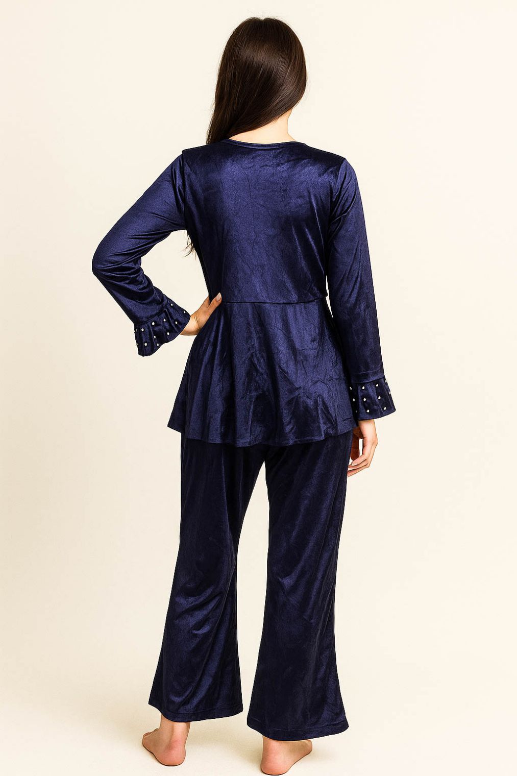 Co-Ord Set Velvet Round Neck-Navy Blue