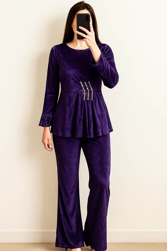 Co-Ord Set Velvet Round Neck-Indigo