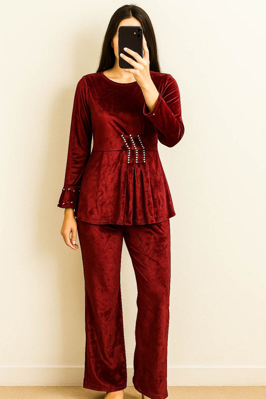 Co-Ord Set Velvet Round Neck-Maroon