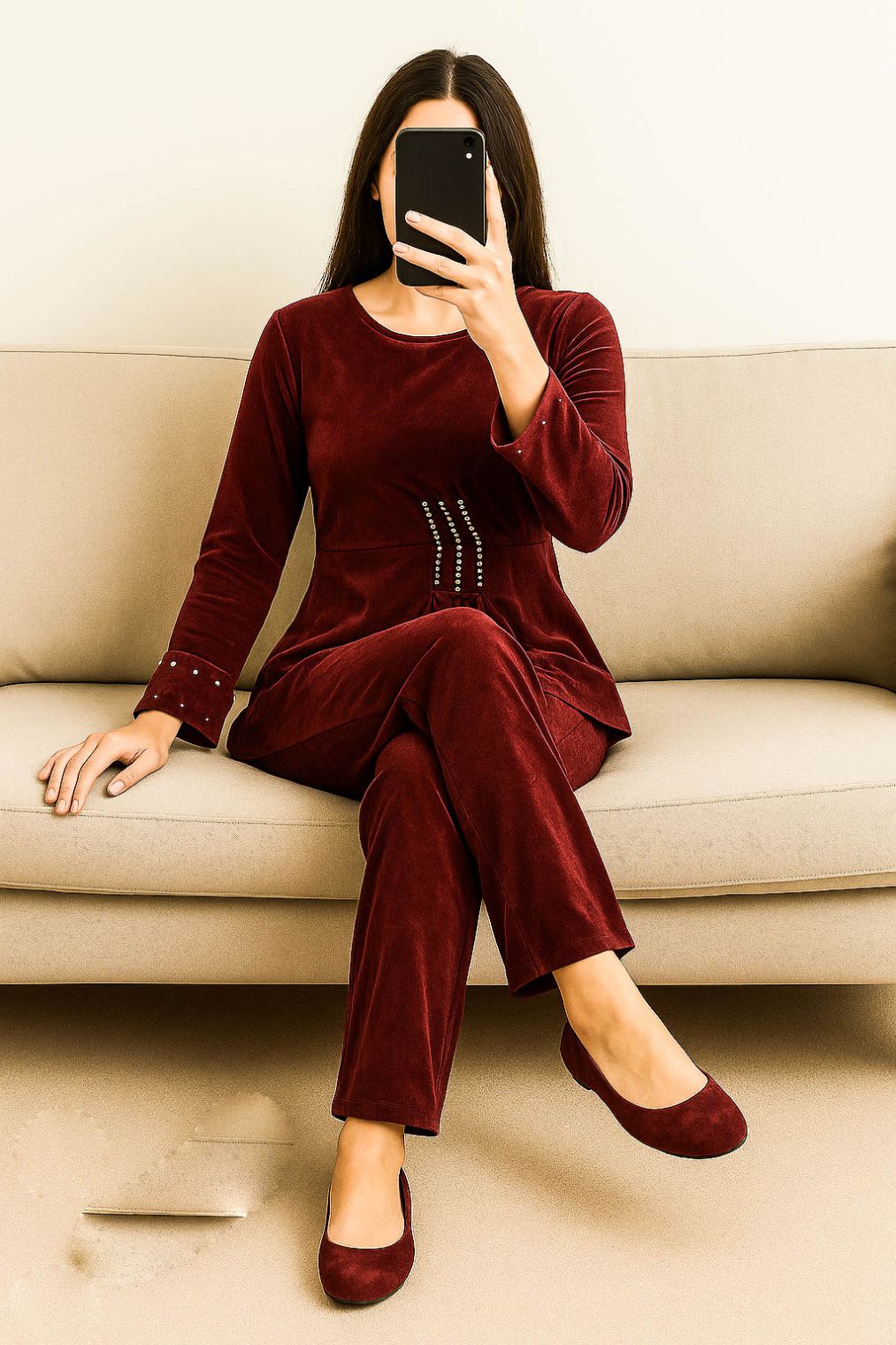 Co-Ord Set Velvet Round Neck-Maroon