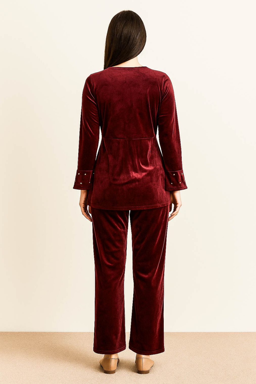 Co-Ord Set Velvet Round Neck-Maroon