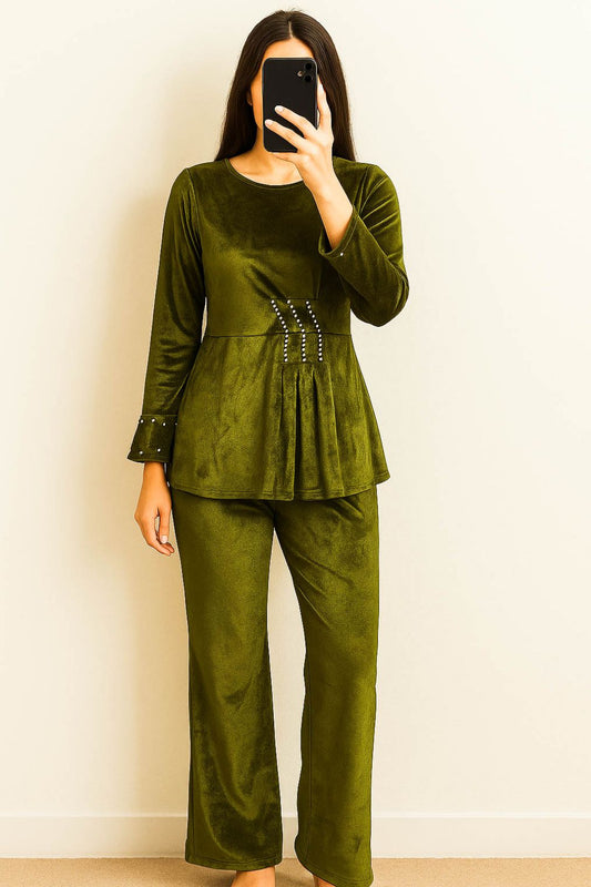 Co-Ord Set Velvet Round Neck-Olive Green
