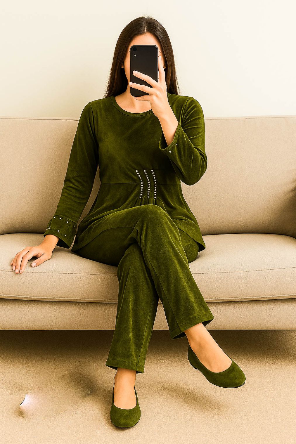 Co-Ord Set Velvet Round Neck-Olive Green