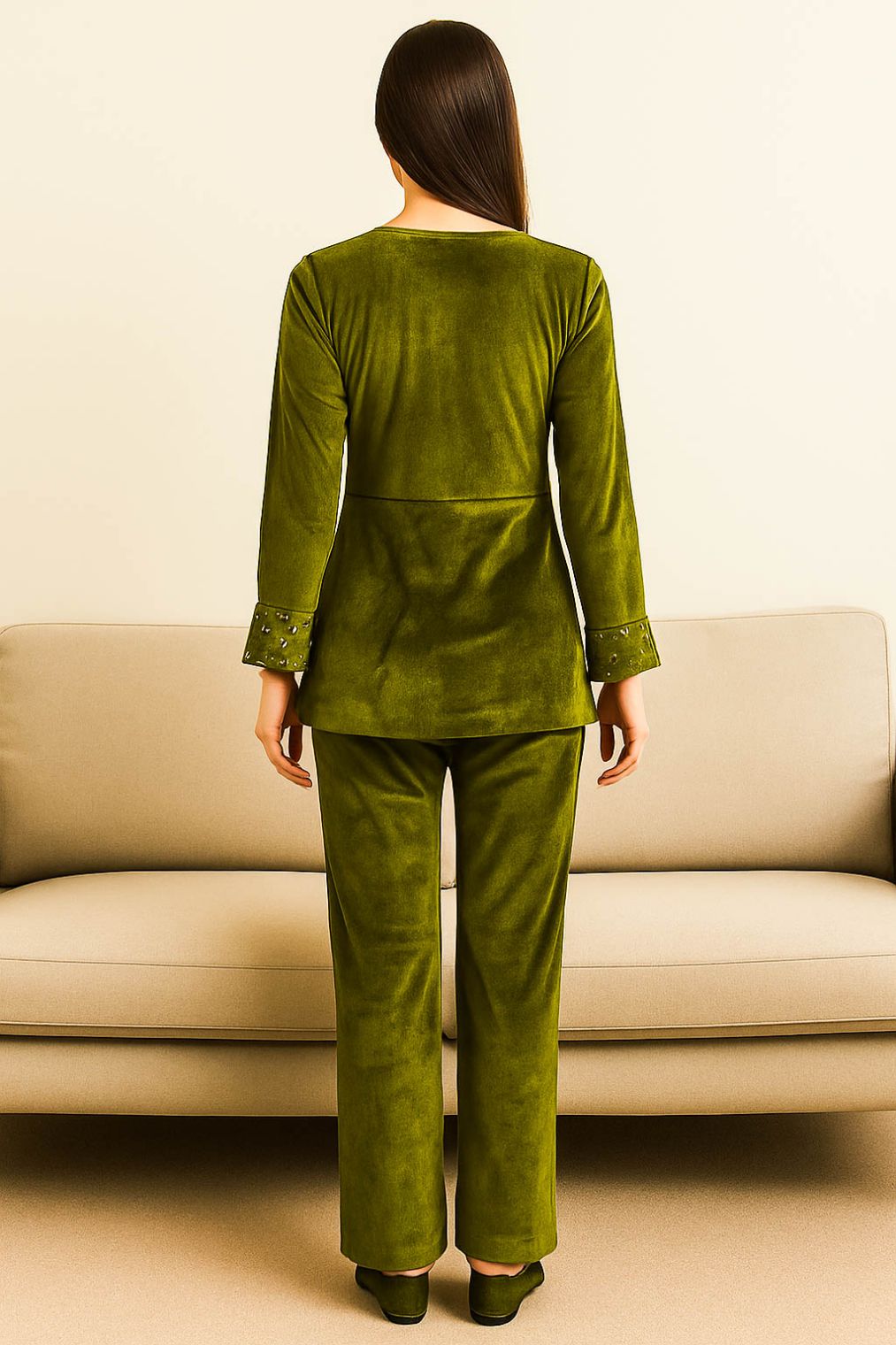 Co-Ord Set Velvet Round Neck-Olive Green