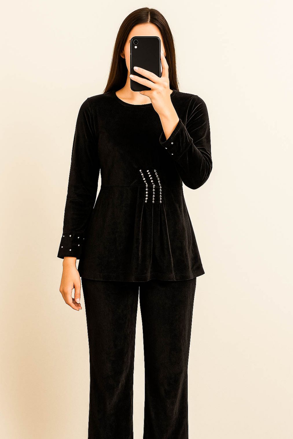 Co-Ord Set Velvet Round Neck-Jet Black