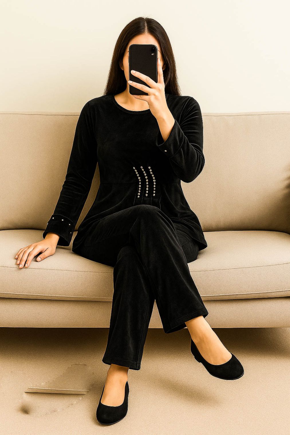 Co-Ord Set Velvet Round Neck-Jet Black