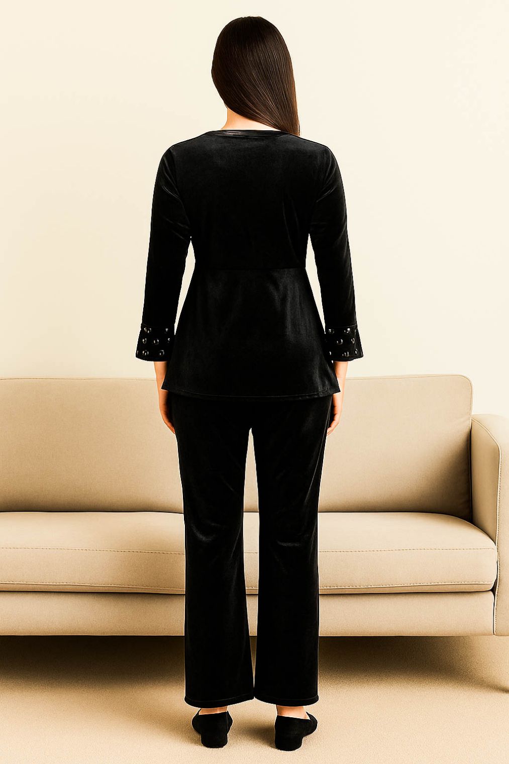 Co-Ord Set Velvet Round Neck-Jet Black