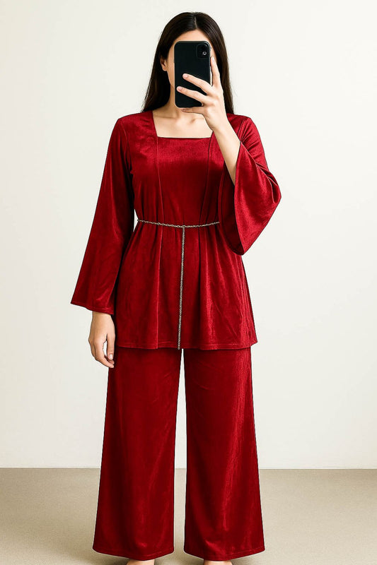 Co-Ord Set Velvet Waist Chain -Candy Red