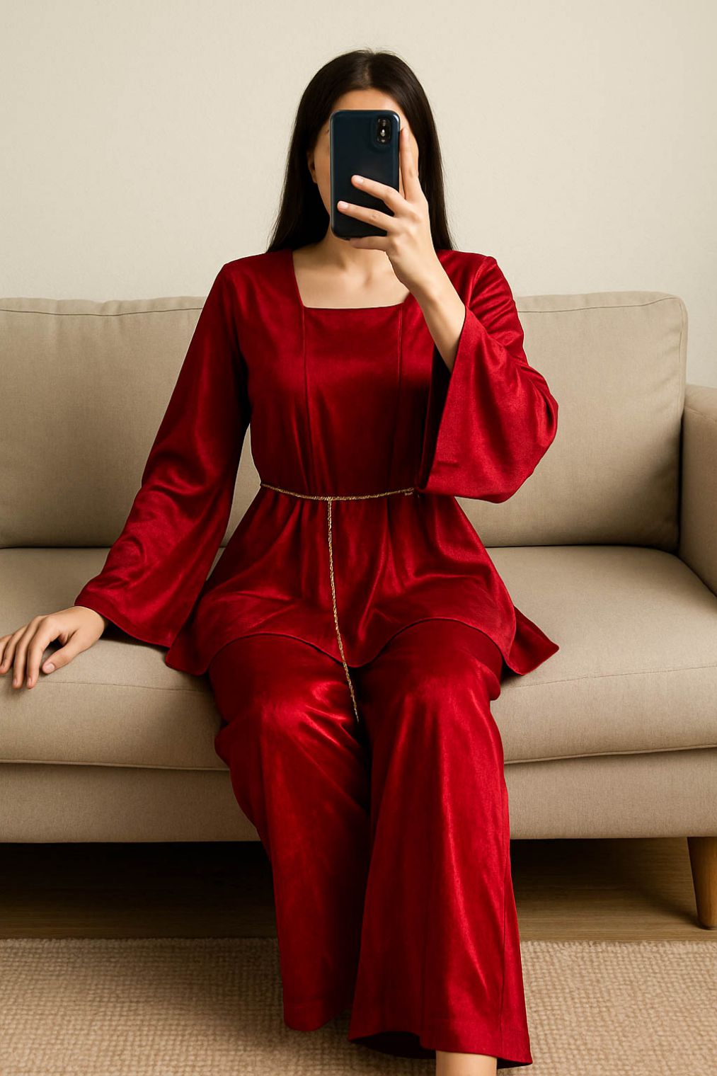 Co-Ord Set Velvet Waist Chain -Candy Red