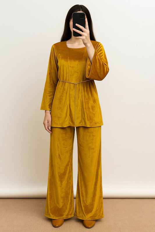 Co-Ord Set Velvet Waist Chain -Honey Yellow