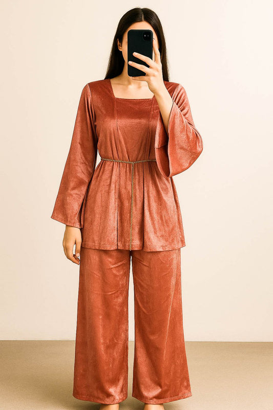 Co-Ord Set Velvet Waist Chain -Peach Pink