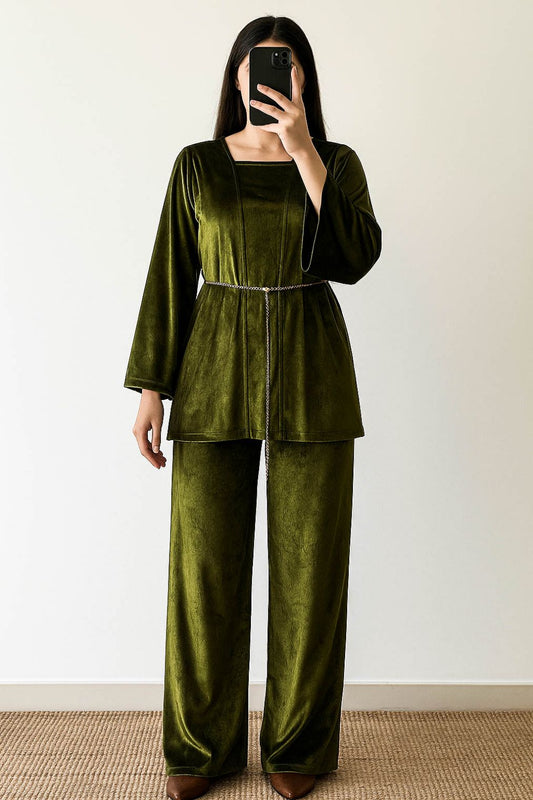 Co-Ord Set Velvet Waist Chain -Commando Green