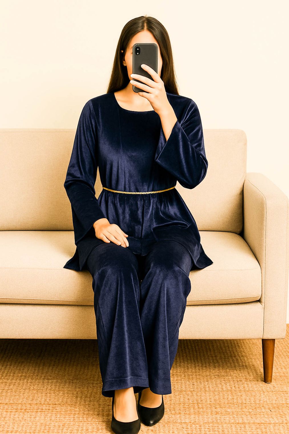 Co-Ord Set Velvet Waist Chain - Navy Blue