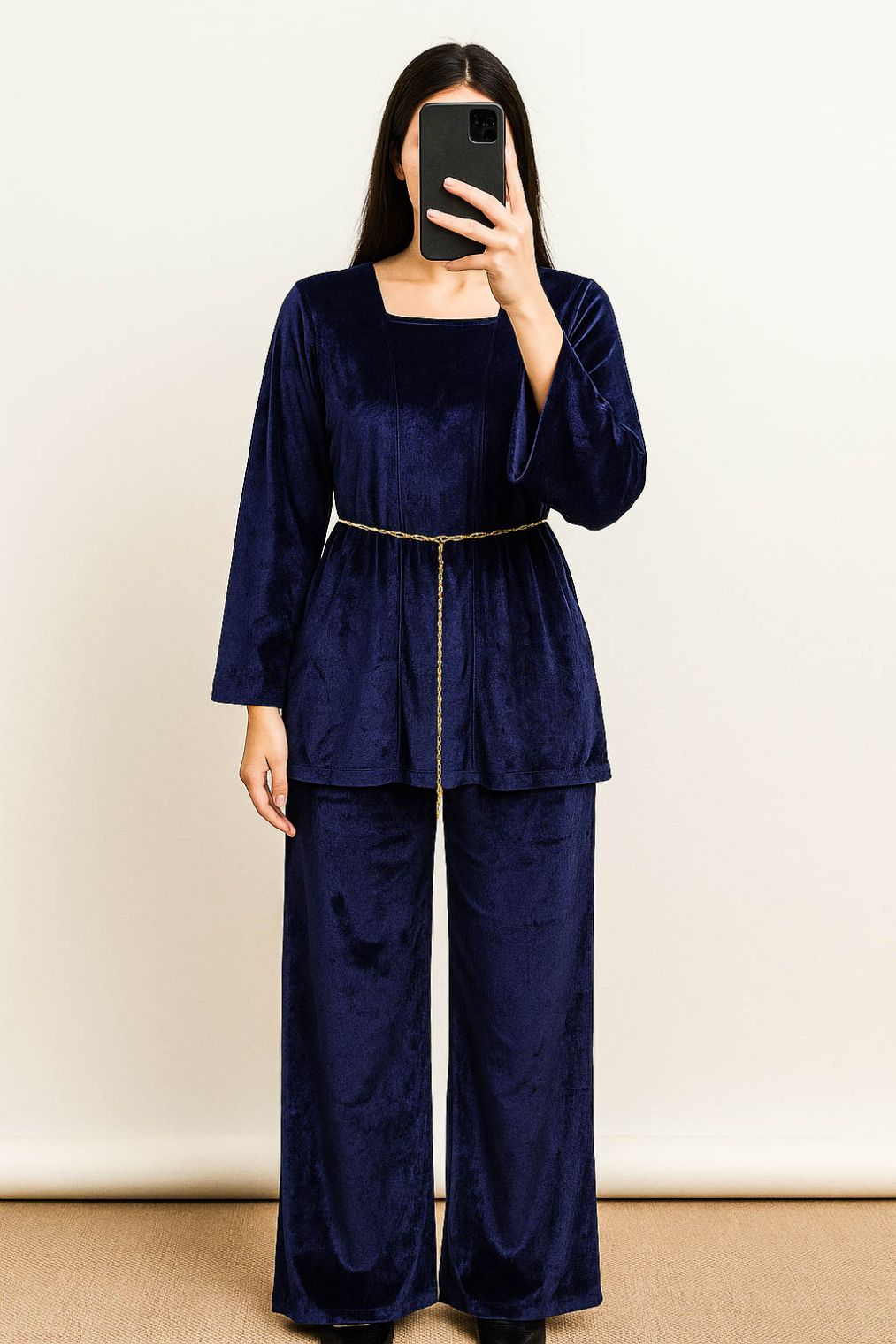 Co-Ord Set Velvet Waist Chain - Navy Blue