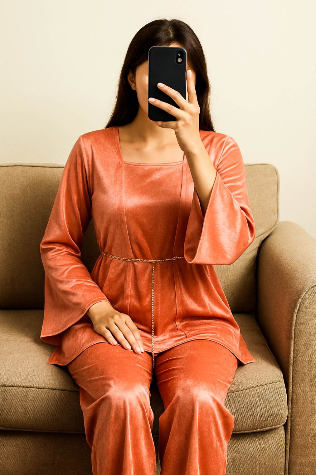 Co-Ord Set Velvet Waist Chain -Peach Pink