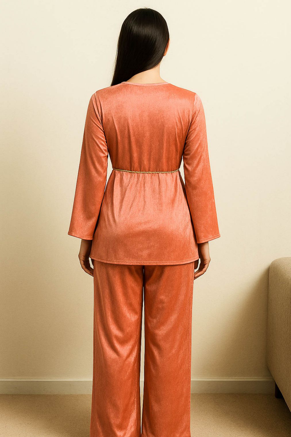 Co-Ord Set Velvet Waist Chain -Peach Pink