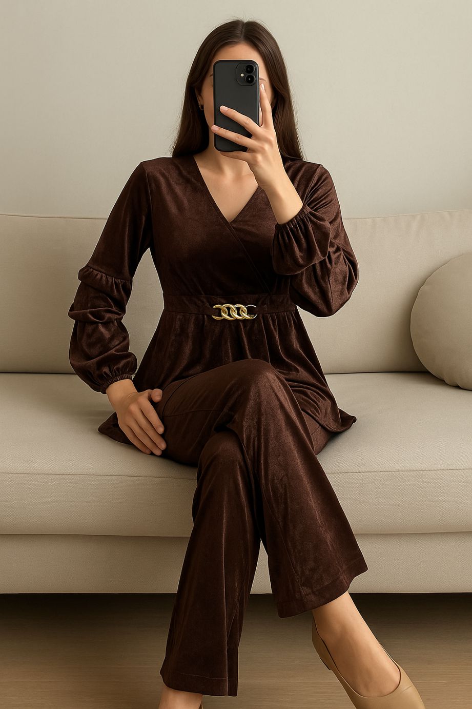 Co-Ord Set Velvet Buckle- Dark Brown