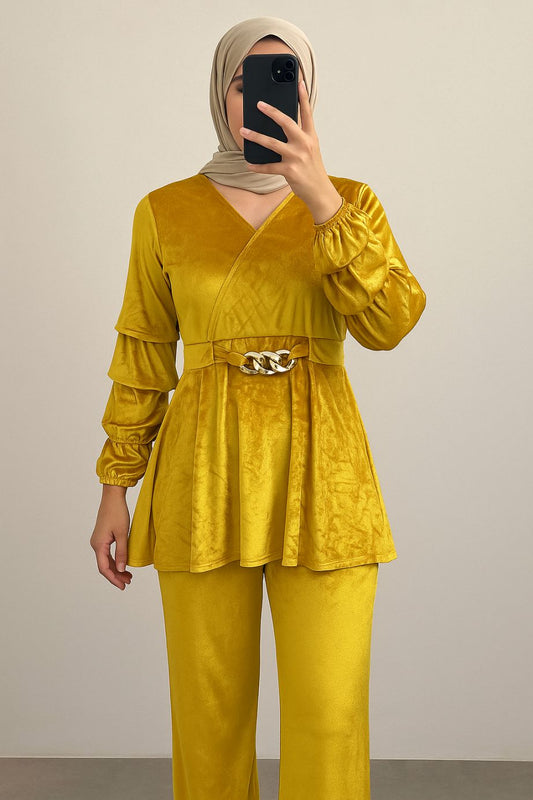 Co-Ord Set Velvet Buckle-Mustered Yellow