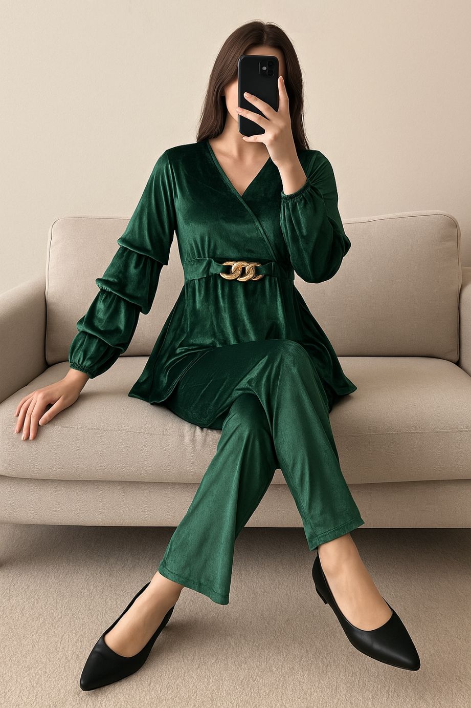 Co-Ord Set Velvet Buckle-Bottle Green
