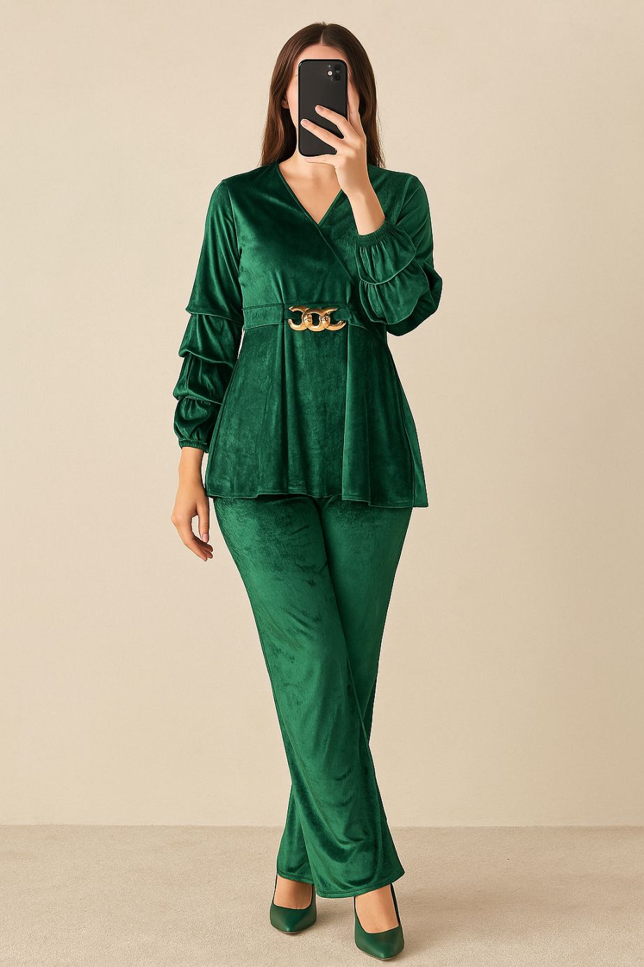 Co-Ord Set Velvet Buckle-Bottle Green