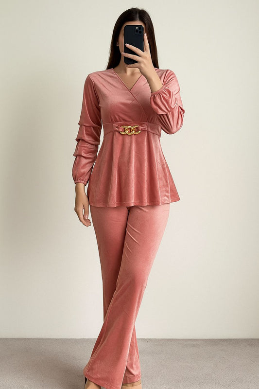Co-Ord Set Velvet Buckle-Pink