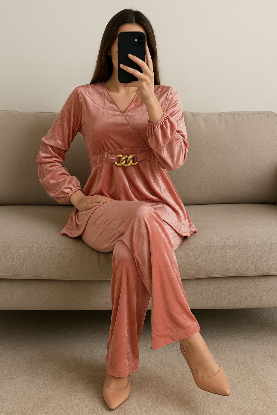 Co-Ord Set Velvet Buckle-Pink