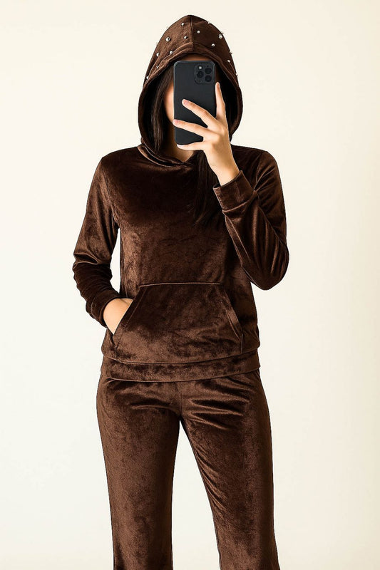 Co-Ord Set Velvet Hoody-Dark Brown