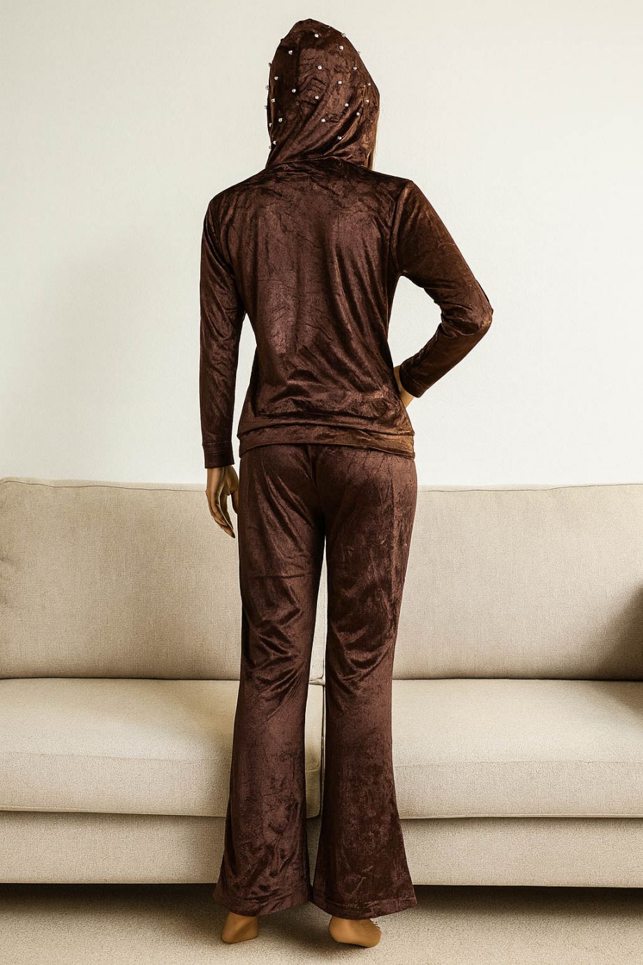 Co-Ord Set Velvet Hoody-Dark Brown