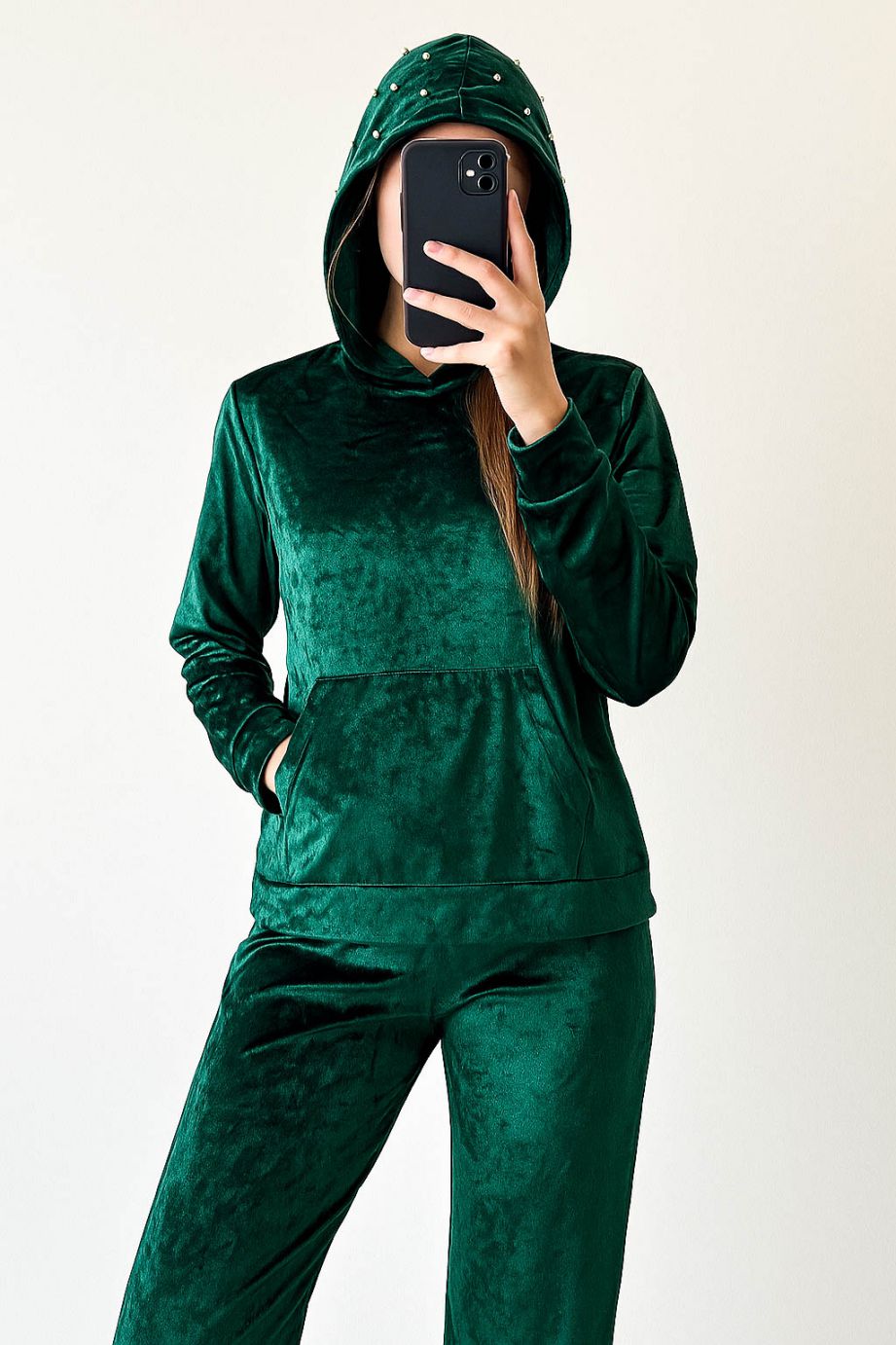 Co-Ord Set Velvet Hoody-Bottle Green