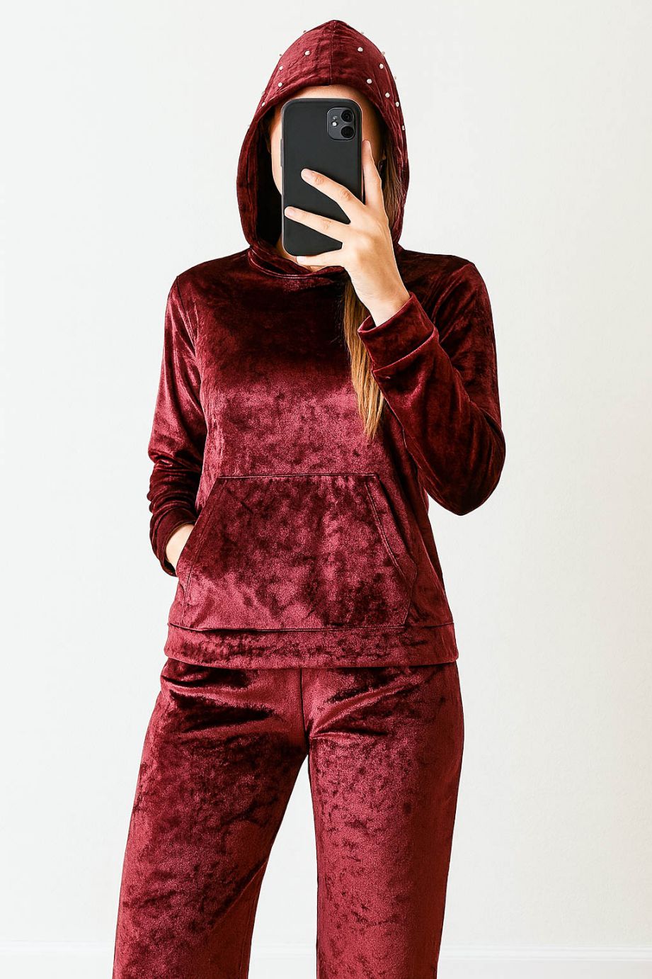 Co-Ord Set Velvet Hoody-Maroon