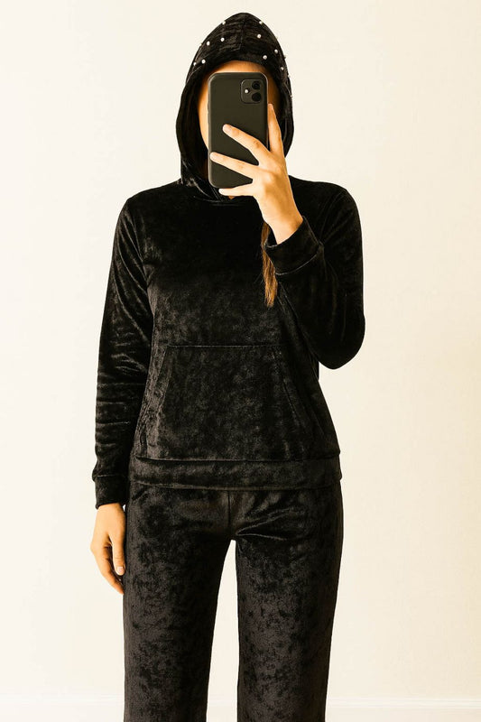 Co-Ord Set Velvet Hoody-Jet Black