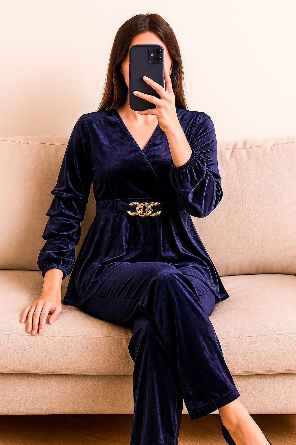 Co-Ord Set Velvet Buckle-Navy Blue