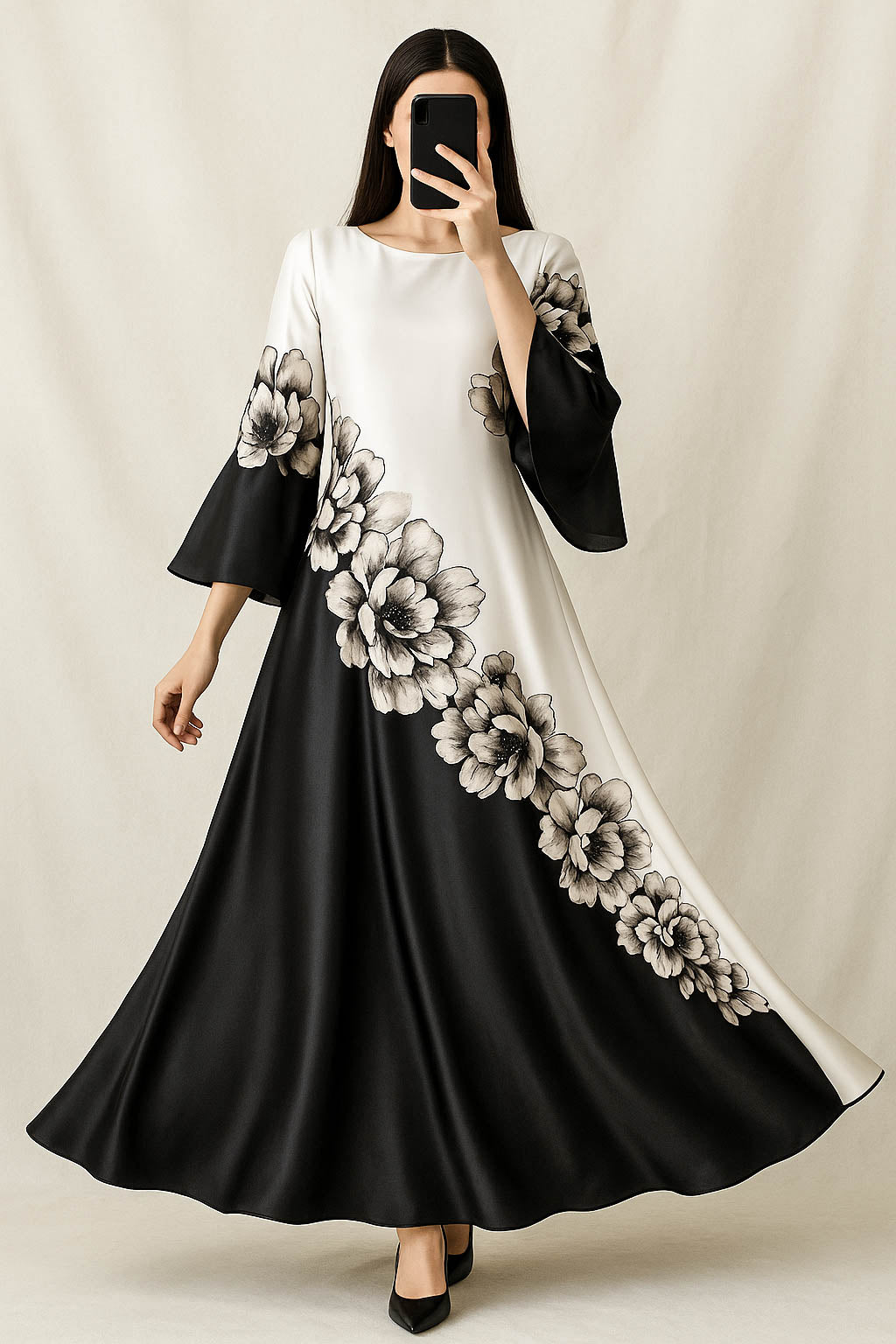 Bold Blossom Silk Maxi-Monochrome Floral Diagonal Print