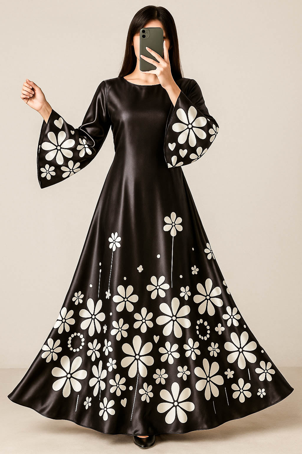 Bold Blossom Silk Maxi-Black & White Floral Pop