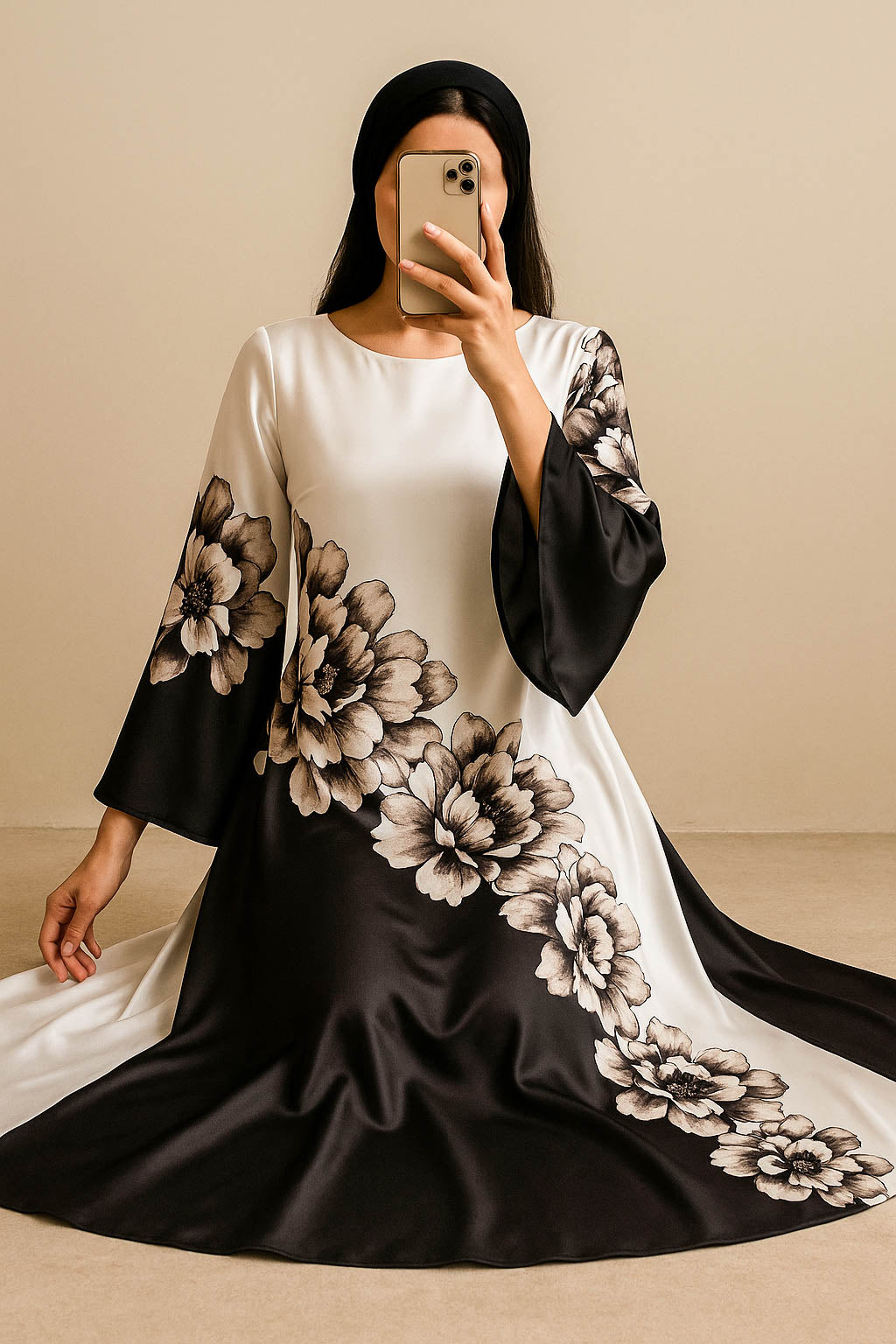 Bold Blossom Silk Maxi-Monochrome Floral Diagonal Print