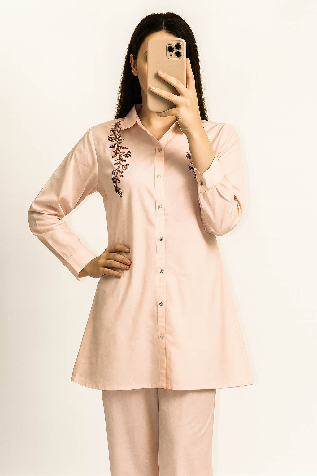 Co-Ord Set Collar Front Open-Pastel Peach