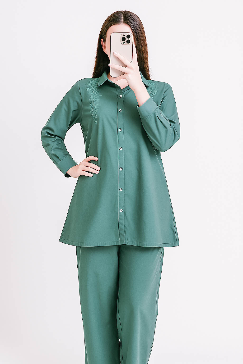 Co-Ord Set Collar Front Open-Turquoise