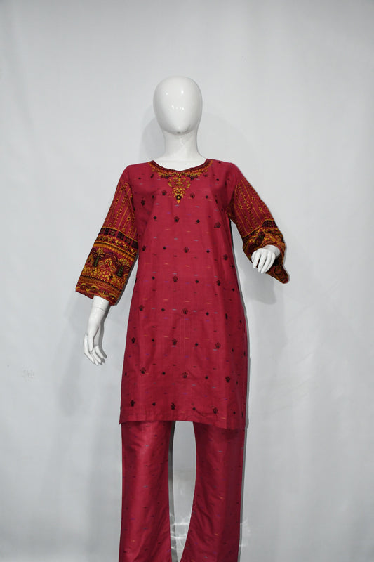 Bindi Cotton Embroidered Maroon Two piece